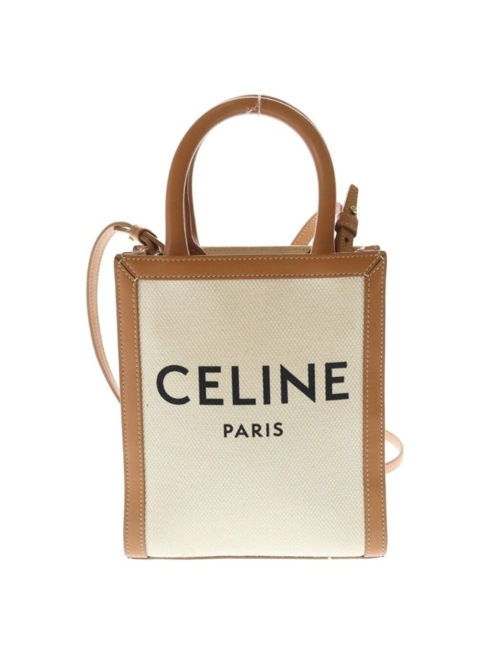 Celine Mini Vertical Cover 2-Way Shoulder Bag Ivory Brown Leather Canvas Gold